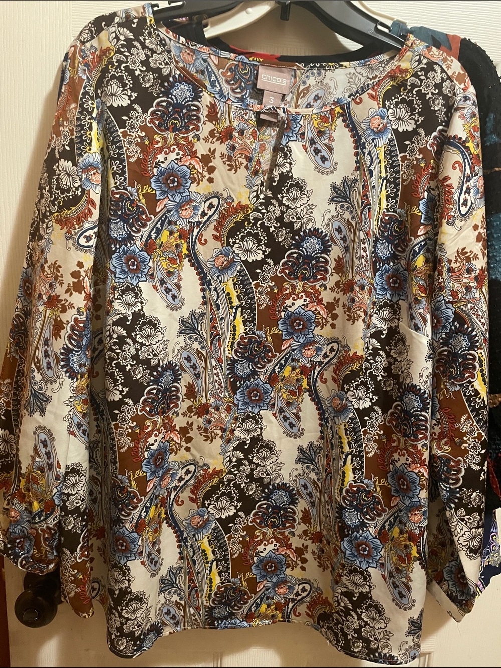 Chico's Floral Paisley Scoop Neck Blouse in Blue, Brown, Cream, Black